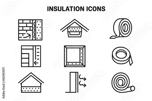 Insulation outline icons set – wall cavity thermal barrier, attic floor insulation, weatherstrip sealing tape rolls, energy-efficient building envelope symbols, vector transparent background