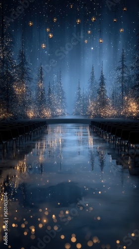Enchanting winter wonderland setting with illuminated trees and serene water reflection