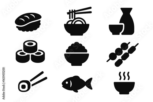 Japanese food silhouette icons vector set – sushi nigiri, maki rolls, ramen bowl with chopsticks, sake carafe and cup, dango skewers, steamed rice, fish, miso soup – isolated black pictograms