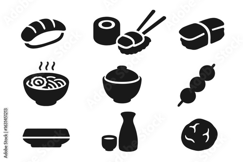 Black Japanese Cuisine Icon Set – Solid Silhouette Sushi Nigiri Maki, Ramen Bowl, Donburi Rice, Dango Skewer, Plate, Soy Sauce Bottle, Cup, Takoyaki Ball, Minimal Flat Vector Food Symbols