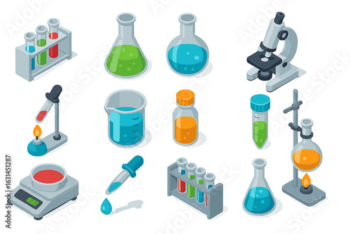 Laboratory equipment icons collection in modern flat isometric style. Test tubes, beakers, flasks, microscope, Bunsen burner, chemical experiment kit, science research instruments set.