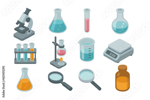 Isometric laboratory equipment icons set with microscope, flasks, test tubes, beaker, Bunsen burner, digital scale, magnifying glass, brown reagent bottle, transparent background vector illustration