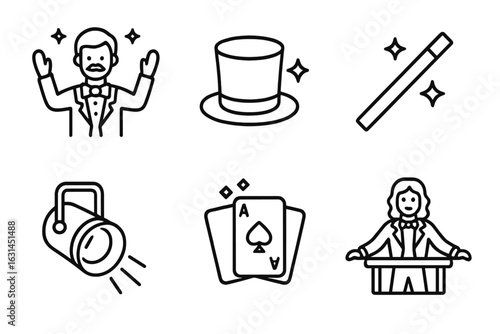 Stage magic outline icon set with magician performer, top hat, magic wand, spotlight, deck of playing cards, illusionist tricks, performance props, entertainment symbols, vector illustration