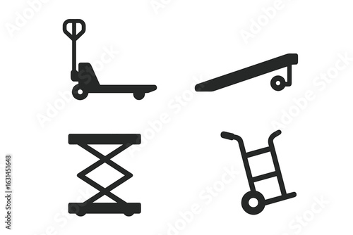 Material handling solid icon set illustrating pallet jack, loading dock ramp, mobile scissor lift table and hand truck dolly equipment silhouette. Freight transport, warehouse logistics vector symbols