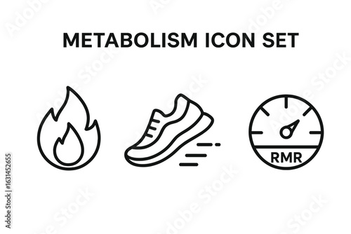 Metabolism outline icon pack – calorie burning flame, running sneaker motion, resting metabolic rate RMR gauge, energy expenditure fitness symbols, weight control diet healthcare vector set