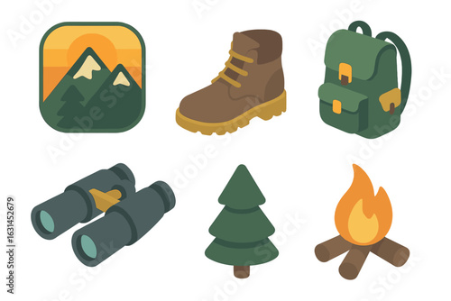 Isometric camping and hiking icon set with mountain sunset app badge, trekking boot, adventure backpack, binoculars, evergreen tree, campfire flame on transparent background vector illustration