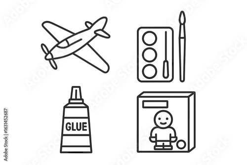 Model building hobby outline icons set – plastic aircraft kit, collectible figure box, glue tube, watercolor paint palette, fine brush, DIY scale model tools and supplies isolated vector illustration