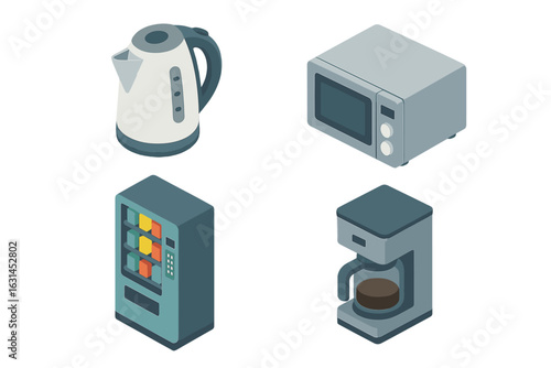 Isometric office breakroom appliances icon set—electric kettle, microwave oven, snack beverage vending machine, drip coffee maker—modern kitchen equipment vector illustration on transparent background