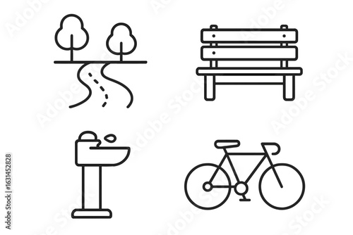 Linear outdoor park amenities icons set with walking trail, wooden bench, public drinking fountain, commuter bicycle and trees, minimal outline style vector illustration for urban recreation concepts