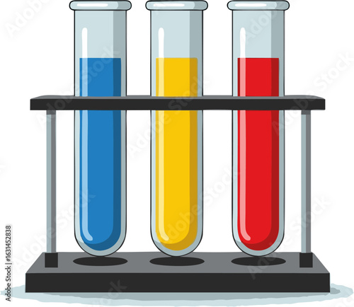 A set of three laboratory test tubes in a rack with colorful blue, yellow, and red chemical liquids for a science experiment