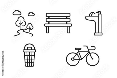 Outdoor park amenities outline icon set—winding pathway with trees, wooden bench, public drinking fountain, waste bin, bicycle symbol—clean minimal vector for urban green space design