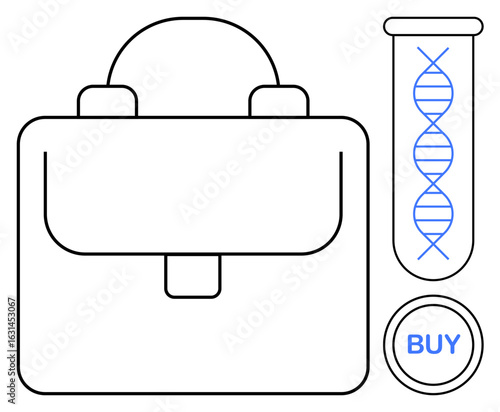 Briefcase, DNA strand test tube, and buy button reflecting biotechnology, innovation, startups, investment, science commerce, product development and futuristic trade. Ideal for biotech finance