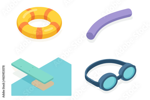 Isometric pool party essentials vector set featuring colorful inflatable life ring, purple foam noodle float, springboard diving board, and blue swim goggles icons for summer water fun design projects