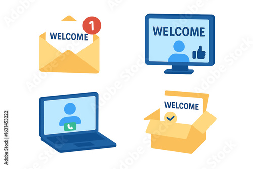 Remote onboarding welcome icons, isometric digital induction set, trust building, welcome email notification, computer screen, video call, virtual welcome kit box, HR technology, corporate vector
