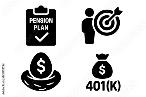 Retirement savings finance icons set – solid black vector symbols of pension plan checklist, target goal achievement, nest egg investment illustration, 401k money bag for personal financial planning