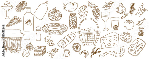 Hand Drawn Mediterranean Food and Drink Sketch Illustration Set