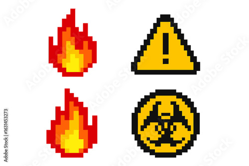 Pixelated fire flames, caution triangle exclamation, biohazard symbol, emergency warning safety icons set, retro 8-bit style alerts, risk hazard indicators isolated transparent vector illustration