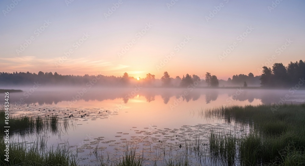 Fototapeta premium Golden sunrise over a misty lake, reflecting a serene forest and water lilies at dawn.
