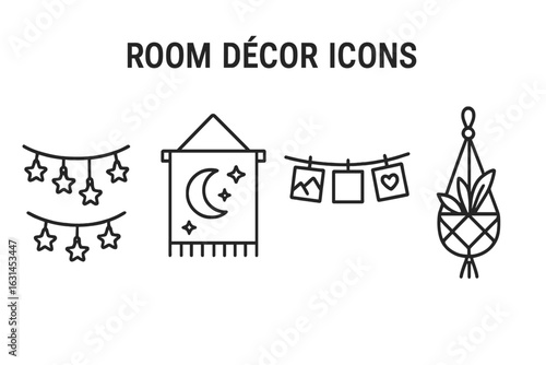 Boho room décor icon set–outline vector of hanging star fairy string lights, celestial wall tapestry, polaroid photo garland, macramé plant hanger, minimalist black line home decoration clipart