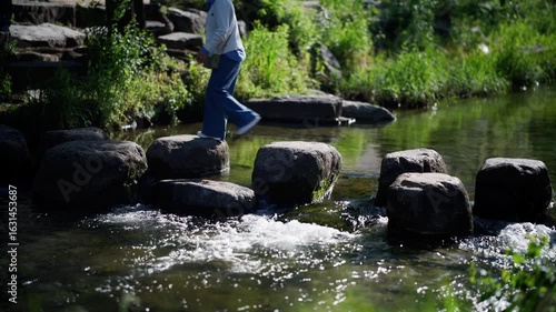Tranquil Stream with Stepping Stones in Lush Greenery — South Korea, Seoul, Cheonggyecheon, downtown, city