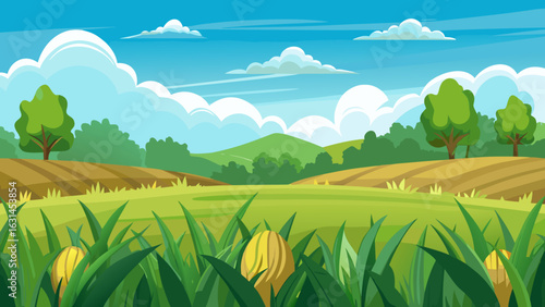 Vector art of vibrant cartoon landscape of rolling green hills and cultivated fields with trees, under a bright blue sky filled with fluffy white clouds