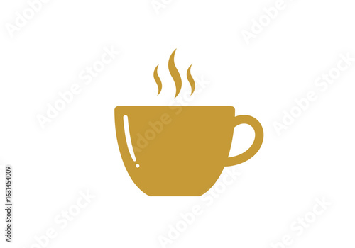 Golden hot coffee cup with steam icon, flat vector silhouette, minimalist cafe lifestyle symbol, Illustrator vector.