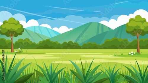Vector art of idyllic countryside scene featuring rolling green hills, a vibrant meadow, and two solitary trees under a clear blue sky with scattered clouds
