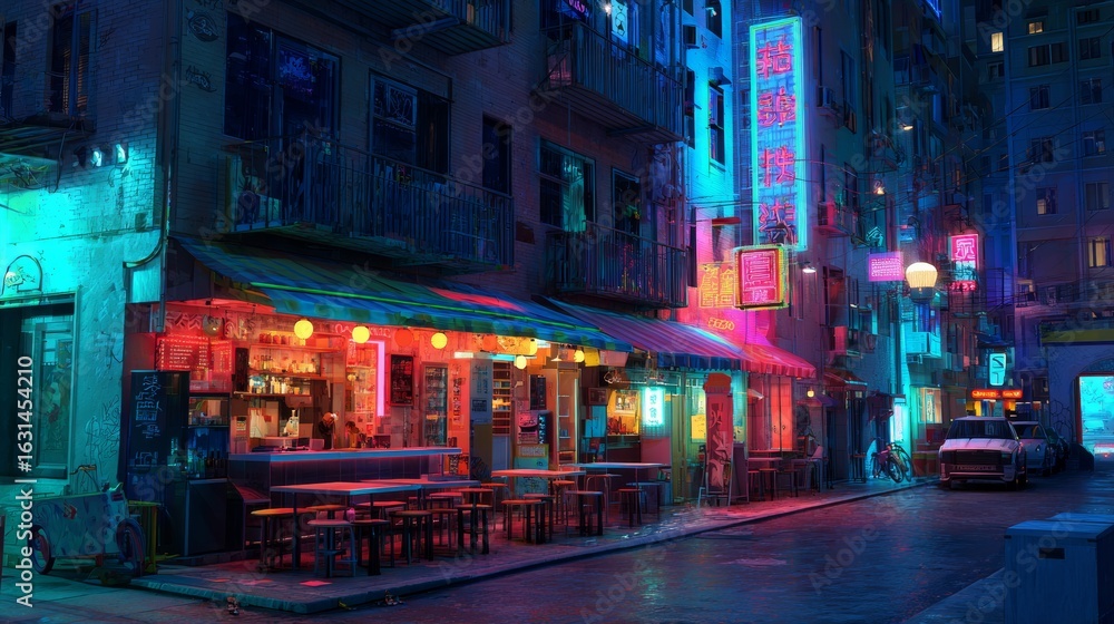 Obraz premium Urban Nightlife Neon. Neon-lit street photography capturing nightlife and city vibrance, blending moody aesthetics with a bold color palette.