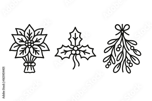 Christmas floral line art bundle – outline poinsettia bouquet, holly sprig with berries, hanging mistletoe branch, festive winter botanical icon set, black contour vector illustration clipart