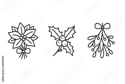 Winter holiday foliage bundle outline icon set illustration, festive Christmas poinsettia bouquet, holly sprig with berries, mistletoe bunch tied with ribbon, minimalist linear doodle isolated