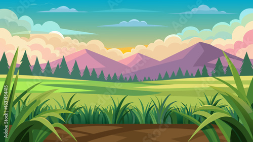 Vector art of serene cartoon landscape with purple mountains, green fields, and pine trees under a pastel sunset sky with fluffy clouds and a hint of sun