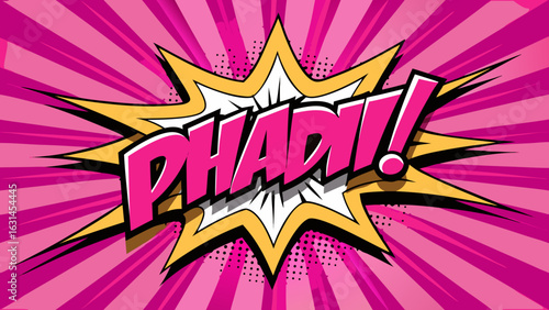 Vector art of a vibrant comic book style explosion graphic with the word phadi in bold letters, conveying a sense of impact and excitement