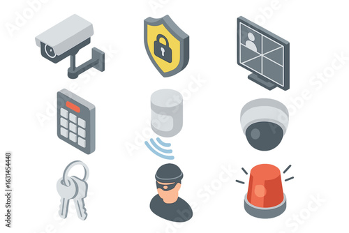 Isometric 3D home and office security icons set – CCTV cameras, burglar alarm siren, keypad access control, smart lock keys, thief mask, shield padlock, surveillance monitor, motion sensor