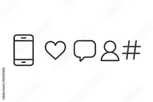 Minimalist social media icon set in thin outline style – smartphone check-in, heart like, chat comment bubble, user avatar profile, hashtag symbol – modern UI UX pictogram vector illustration