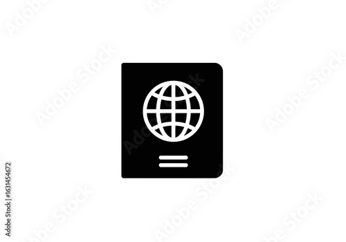 Black minimalist passport icon, flat vector silhouette, travel documentation symbol, Illustrator vector.