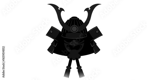 A modern black samurai helmet, flat vector illustration.
