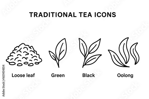 Hand-drawn outline icons of loose leaf tea pile, green tea sprig, black tea twig and oolong curled leaves, minimal herbal beverage symbols for café menu, packaging or infographic, transparent vector