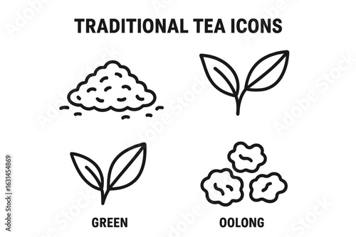 Traditional tea outline icon collection – loose leaf heap, fresh tea leaves, green tea sprig, oolong rolled balls, minimal line art symbols for café menu, packaging labels, Asian beverage infographics