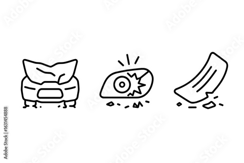 Traffic accident car debris outline icons set—crumpled hood front-end collision, shattered headlight glass, broken bumper fragment, road crash damage, auto body repair, insurance claim concept vectors