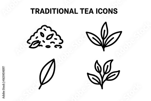 Traditional tea icons bundle, linear outline assorted Camellia sinensis leaves, loose leaf pile, sprig, bud, herbal green black oolong tea symbols, simple mono line art vector illustration set