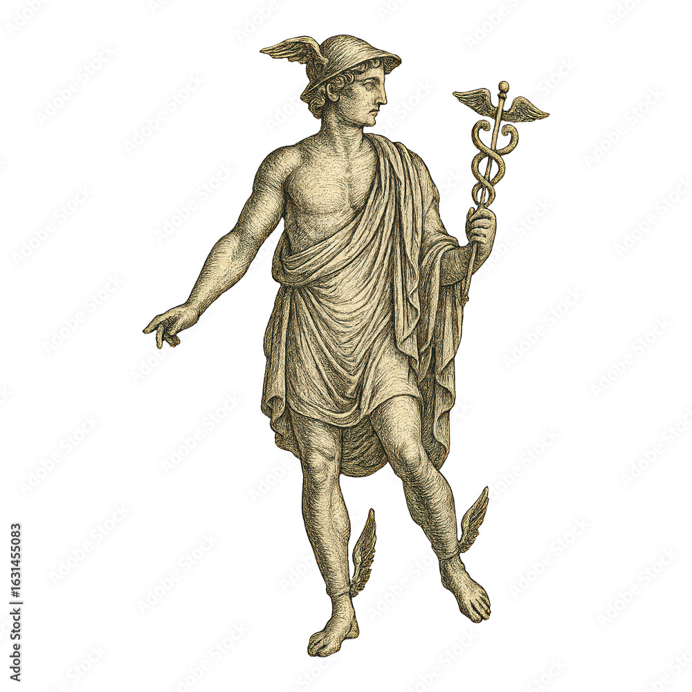 Fototapeta premium PNG Vintage Mercury illustration with caduceus.