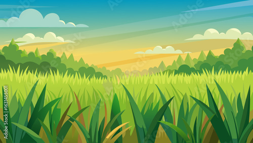 Vector art of vibrant green grass field under a bright sunny sky with fluffy clouds, showcasing a lush natural landscape in the countryside during daytime
