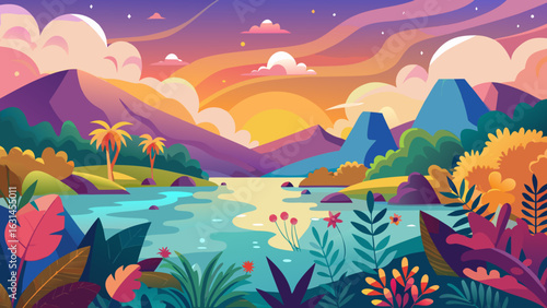 Vector art of colorful abstract landscape with majestic mountains, a serene river, and tropical flora under a vibrant sunset sky with swirling clouds