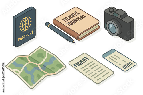 Isometric travel journaling icon set featuring passport, travel journal, pen, camera, map, ticket stub. Flat vector illustration for adventure planning, tourism, vacation, documentation concepts