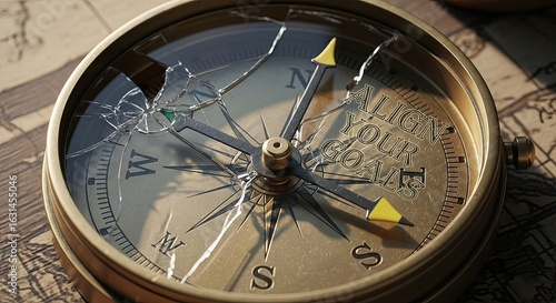 Vintage Compass with Broken Glass and Goal Alignment Message