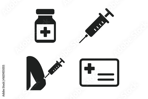 Vaccination icons collection – solid vector vial, medical syringe, injection in arm, immunization record card, healthcare campaign symbols, antivirus shot, medicine dose, pharmacy illustration isolate