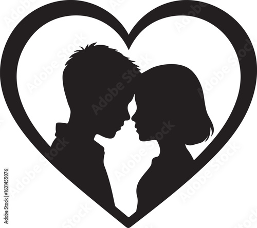 Loving couple silhouette embracing inside a heart shape symbol of romance and affection silhouette
