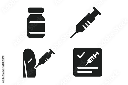 Vaccination campaign icon set – solid silhouette medical syringe, vaccine vial, arm injection, immunization record card, flat pictogram vector for healthcare app, clinic poster, covid-19 prevention