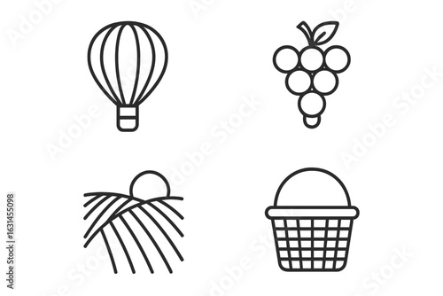 Vineyard tourism outline icons set. Hot air balloon flight over rolling vine rows, grape cluster, harvest basket minimal line art. Wine tasting travel, agritourism symbols. Thin stroke vector isolated