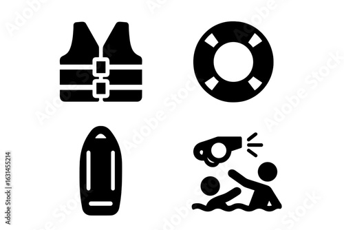 Water safety and rescue icon set. Solid filled vector pictograms for lifeguard equipment: life jacket, life buoy ring, rescue board, emergency whistle alert, drowning prevention, swimming pool patrol